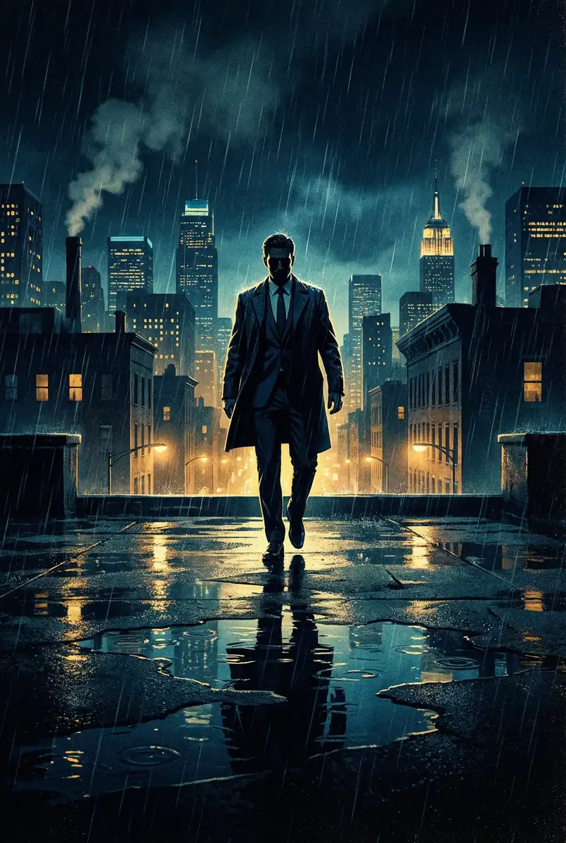 少妇的诱惑 出品影片《雨夜独行者》海报，雨中城市屋顶男性剪影